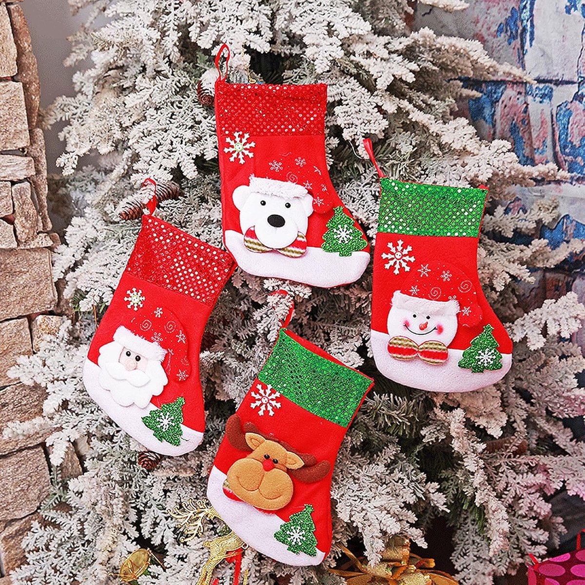 Kousen, set van 4, kerstlaarzen om te vullen, kerstkousen om op te hangen, kerstkous voor open haard, kerstkous, decoratie, voor open haard, kerstboom, muur, trap