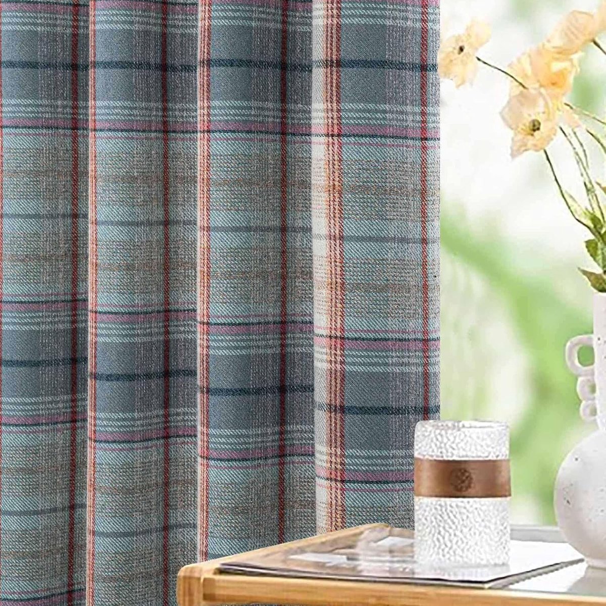 Always4u 100% ondoorzichtig gordijn, geruite gordijnen met ringen, warmte-isolerende verduisteringsgordijnen voor slaapkamer, klassieke tartan-gordijnen, wollook, vintage, meerkleurig, 2 stuks, 140 x