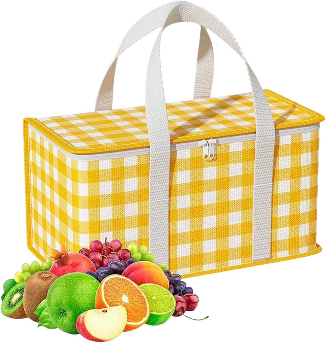 Geïsoleerde Picknickmand, Picknicktas, Koeltas, Met Isolatie, met Gewatteerde Handgrepen, voor Picknick, Outdoor, Reizen, Strand, Camping, Veegplukken(34 x 19 x 20 cm, Geel)