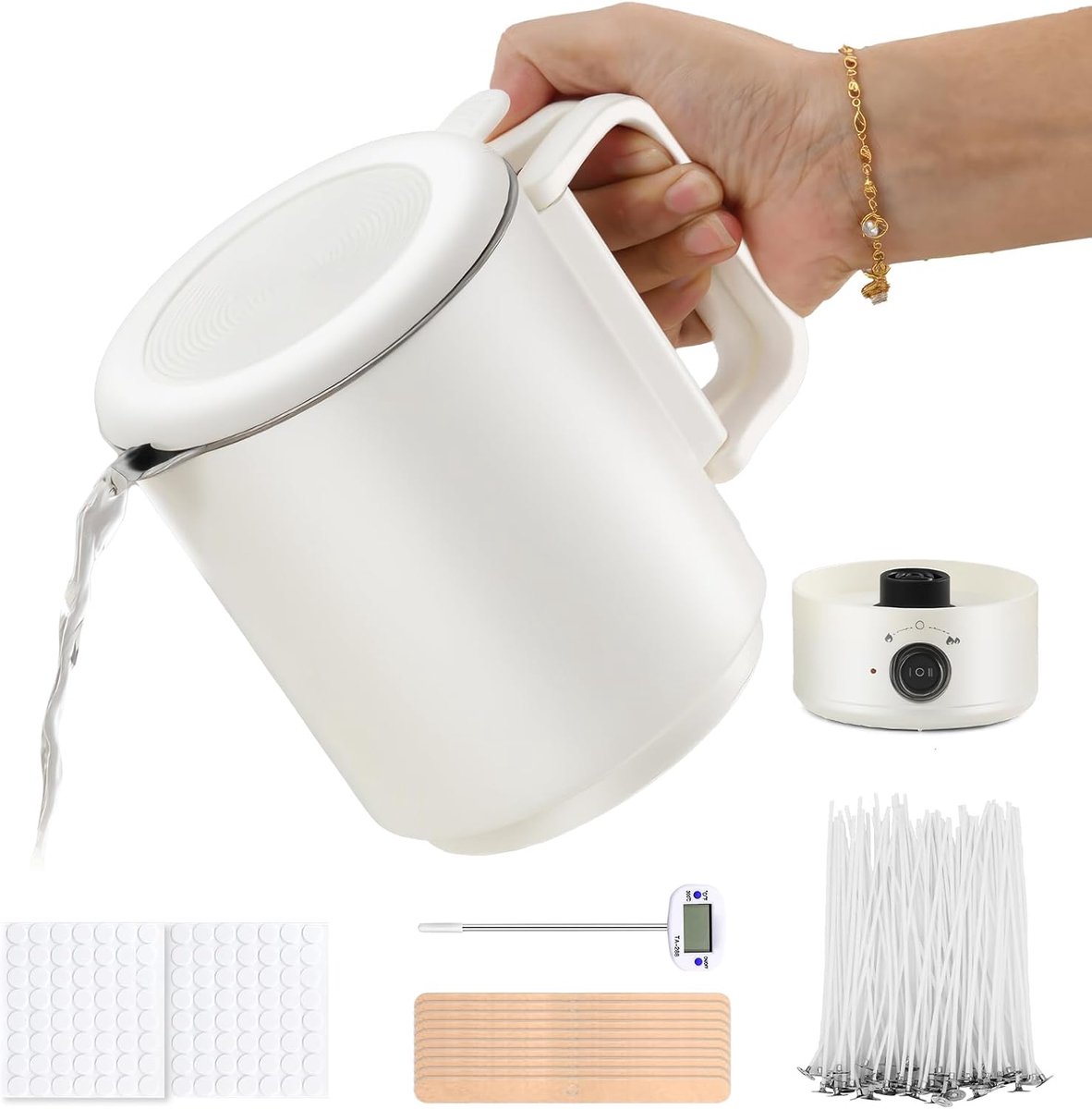 Waxmeltpot, kaarsen maken set, zelf kaarsen maken, kaarswas smeltpot met waxmelter, thermometer, 100 kaarslonten, 100 dochtetiketten, 10 dochthouder en roerlepel