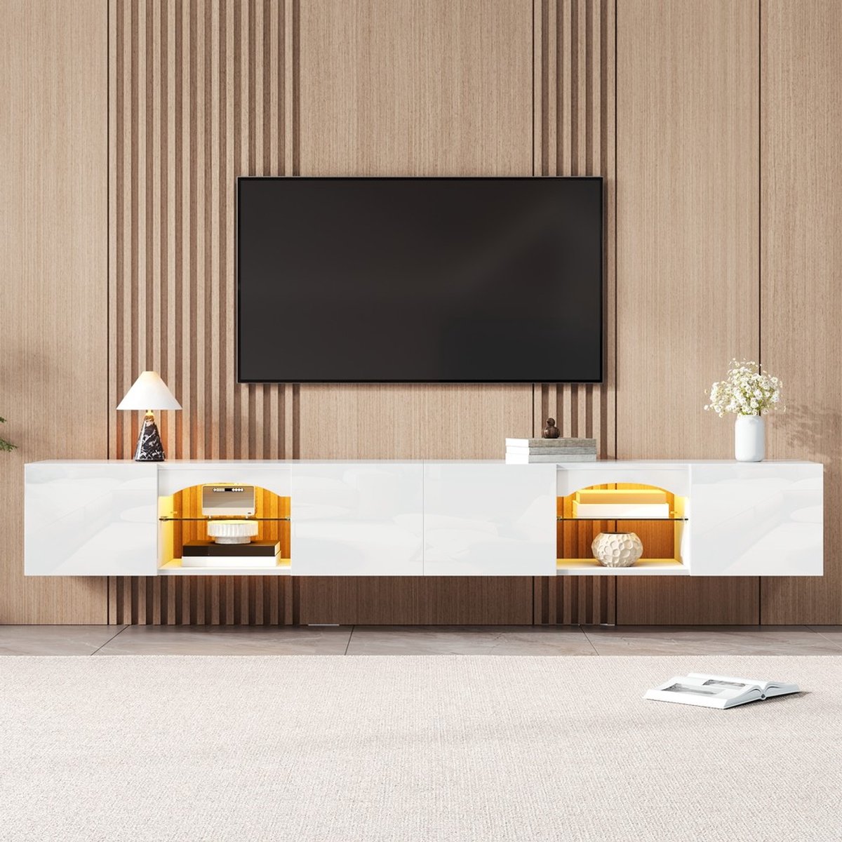 Pugsdrly TV-lowboard met 4 deuren, 2 open vakken, LED-verlichting met app-bediening, glazen planken, modern TV-meubel van PB wit