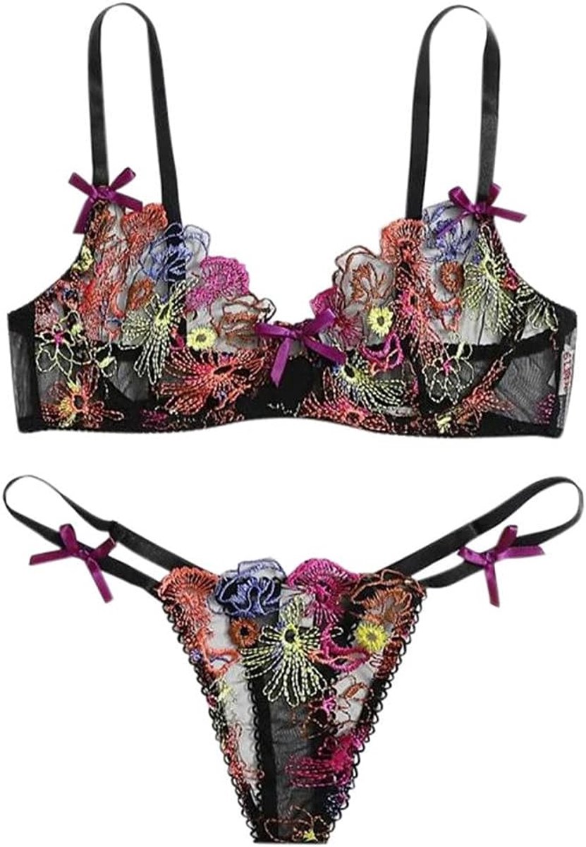 Bodystockings dames Sexy Dames Ondergoed Perspectief Borduurwerk Vrouw Ondergoed Nachtkleding Bh Set-Black_M