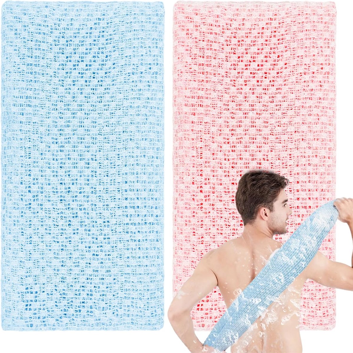 Exfoliërende handdoek, 2-delig extra lang exfoliërend washandje, exfoliatie bodyscrub, loofah rugscrubber, voor mannen en vrouwen, lichaamsschrobber, loofah exfoliator (blauw, roze)
