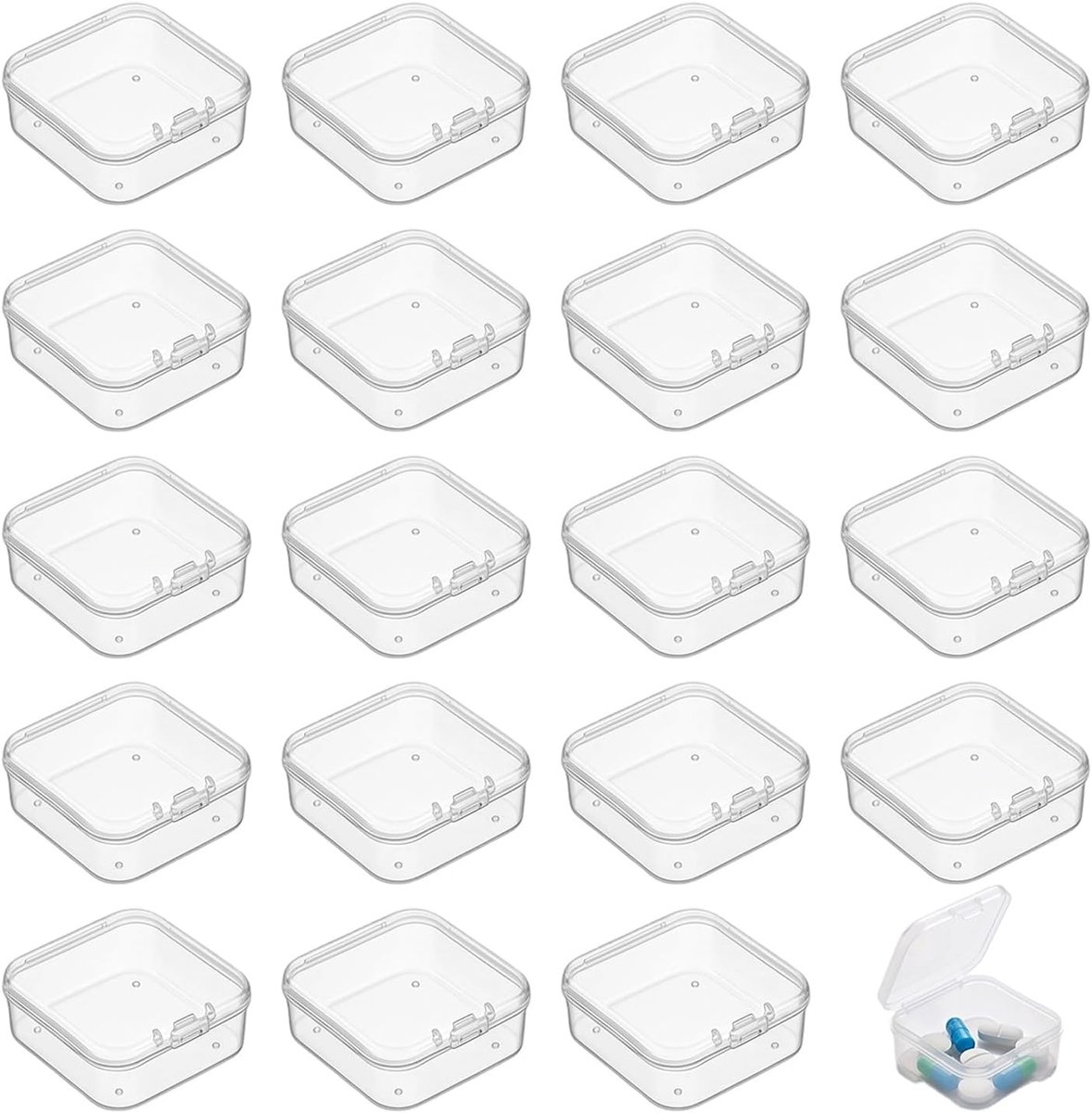 20 stuks kleine opbergdozen met deksel, 4,5 x 4,5 x 2 cm mini-kunststof dozen, pillendoos voor onderweg, vierkante opbergdozen voor kralen, sieraden, zaad en knutselaccessoires