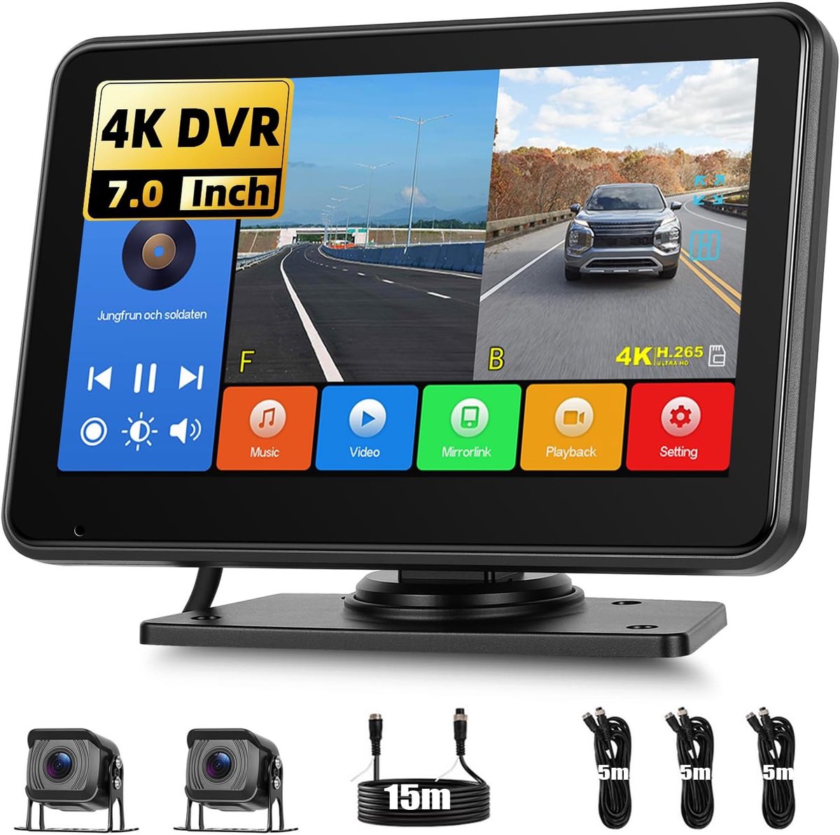 Achteruitrijcamera 2 Camera's Bedrade Set, 7-inch IPS-monitor 4K DVR met Android Cast, IP68 waterdicht, Opname, Parkeerbewaking, Parkeerlijnen, 12V-24V