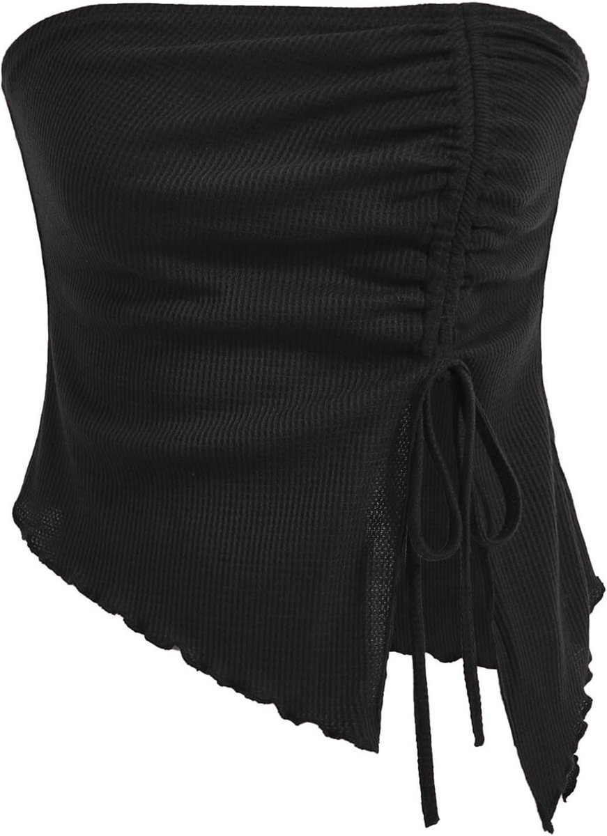 Strapless tanktop voor dames, split top met trekkoord, onregelmatig gaas, slank, effen kleur