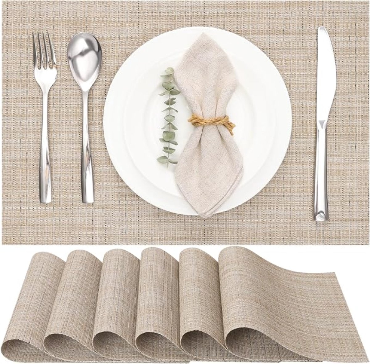 Geweven Vinyl Placemats Set van 6 - Wasbare Hittebestendige Tafelmatten 30 x 43,5 cm - Lichtbruin Beige