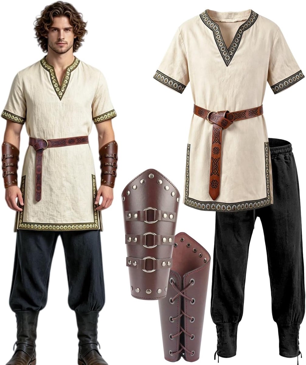 Kasahara Middeleeuws kostuum voor heren, tuniek, renaissance, hemd, vintage, broek, riem, armbanden, kostuum, Viking, ridder, Halloween, carnaval, rendier, cosplay, LARP