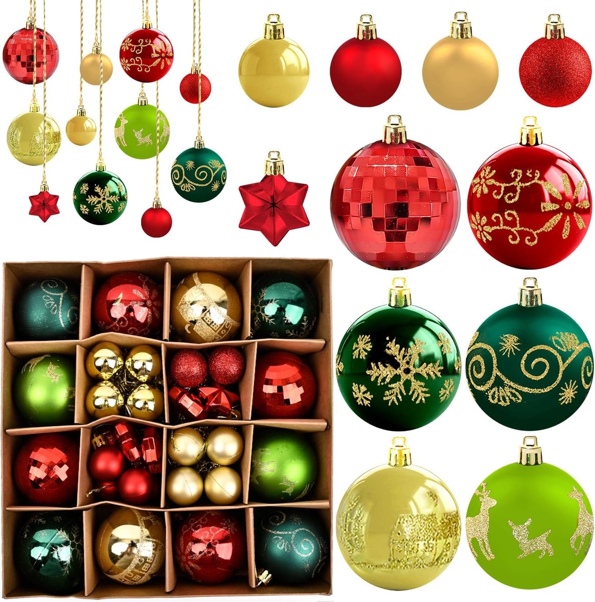 Kerstballen 44 Stuks, Rood, Groen en Goud, Breukbestendige Boomversieringen voor Binnen en Buiten
