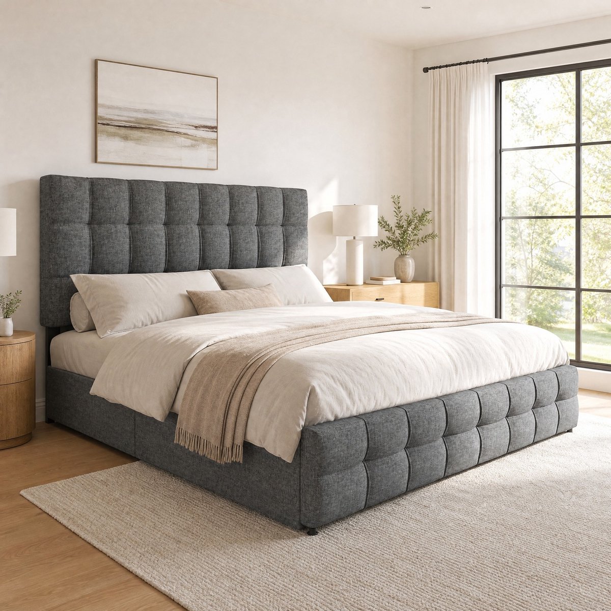 WUVRIE Stoffen tweepersoonsbed 140x200 cm met 4 lades, verstelbaar hoofdeinde en lattenbodem, grijs