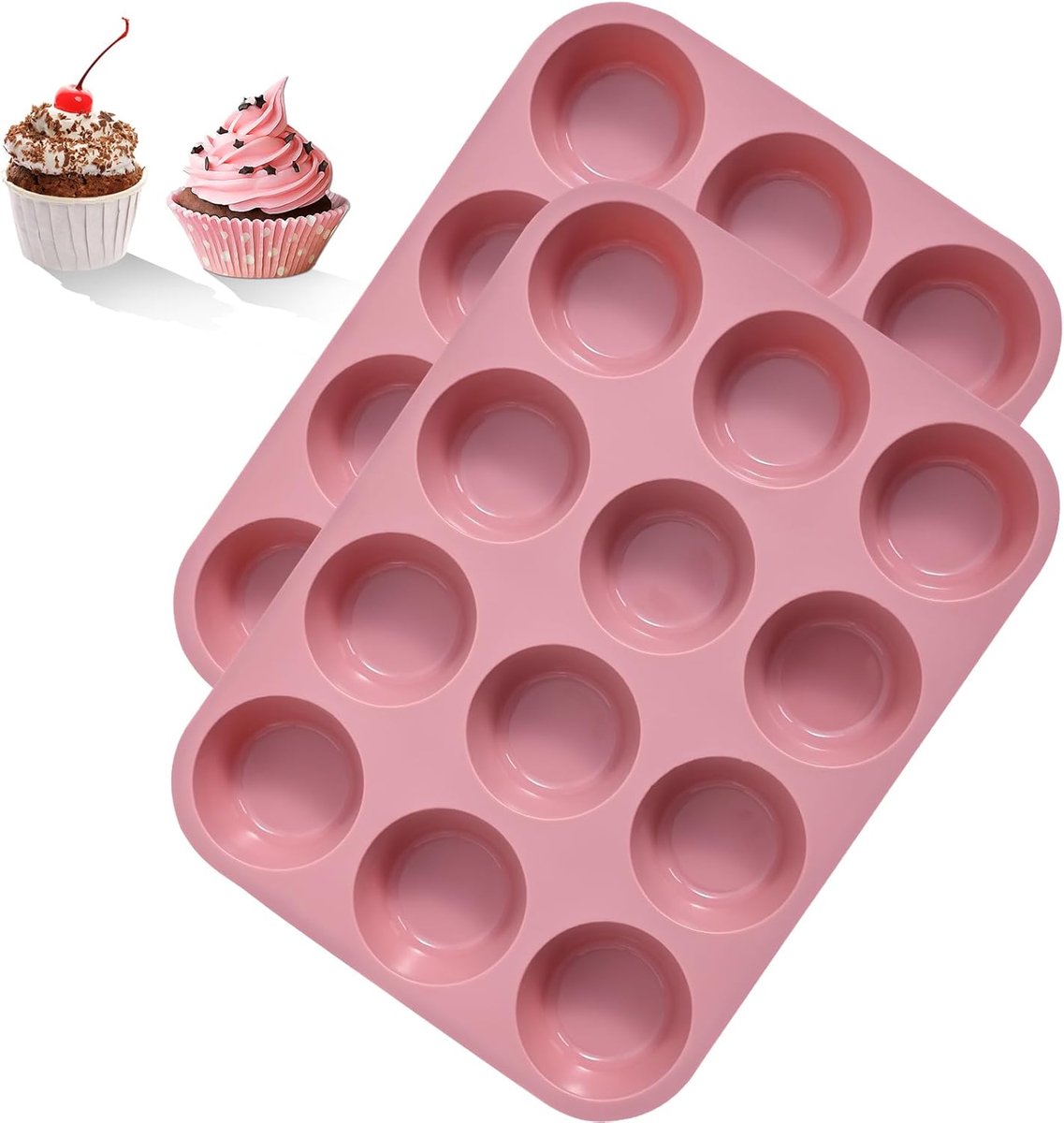 SnelShoppen - Muffin Mould Silicone voor 12 Muffins - 2 Stuks - Non-stick, BPA Vrij, Makkelijk Schoon te Maken, Vaatwasserbestendig, Roze - Ideaal voo