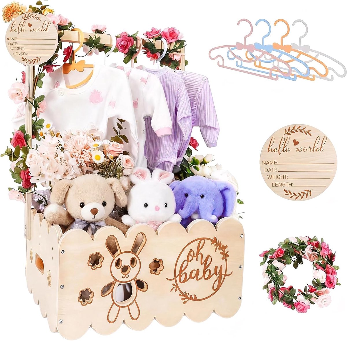 SnelShoppen - Houten Babymand met Handvat, Babyopbergmand en Kinderkleerhangers voor Pasgeborenen, Babyborrenkast met Naambordjes en Slingers, Perfect