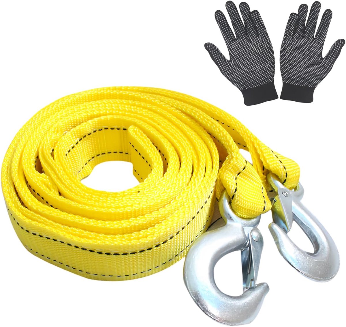 SnelShoppen - Tow Rope 4 Metres 5 Tons (11000 lbs) met Reflecterende Strepen, 2 Tow Hooks, U-Ring en Handschoenen - Stevige Autotouw voor Off-Road Rec