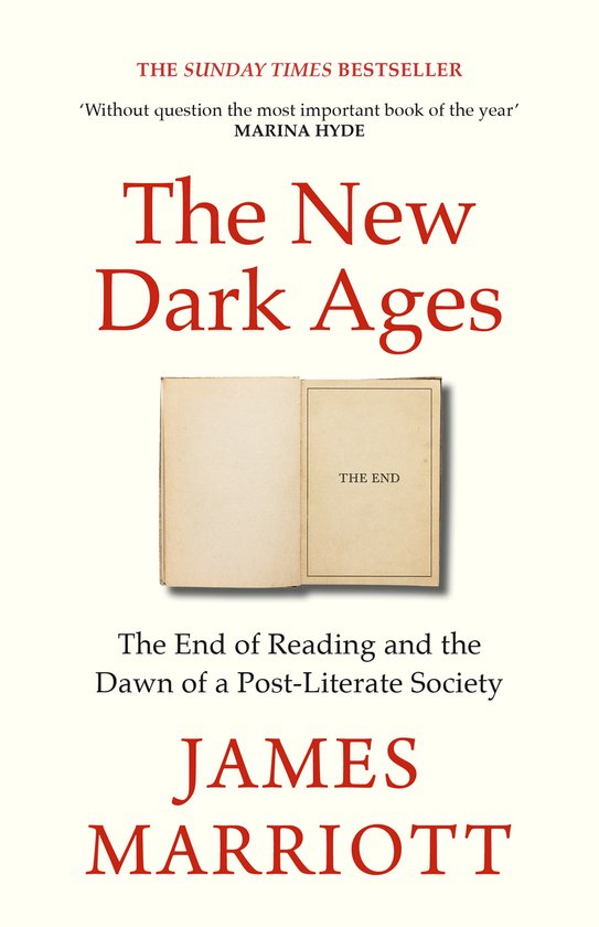 Boek 'The New Dark Ages' met de tekst 'THE END' op de rechterpagina.