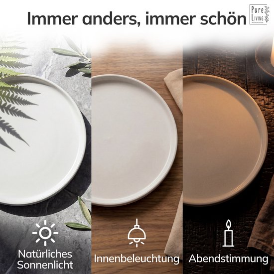 Wit porseleinen bord onder verschillende lichtomstandigheden: natuurlijk zonlicht, binnenverlichting, avondstemming.