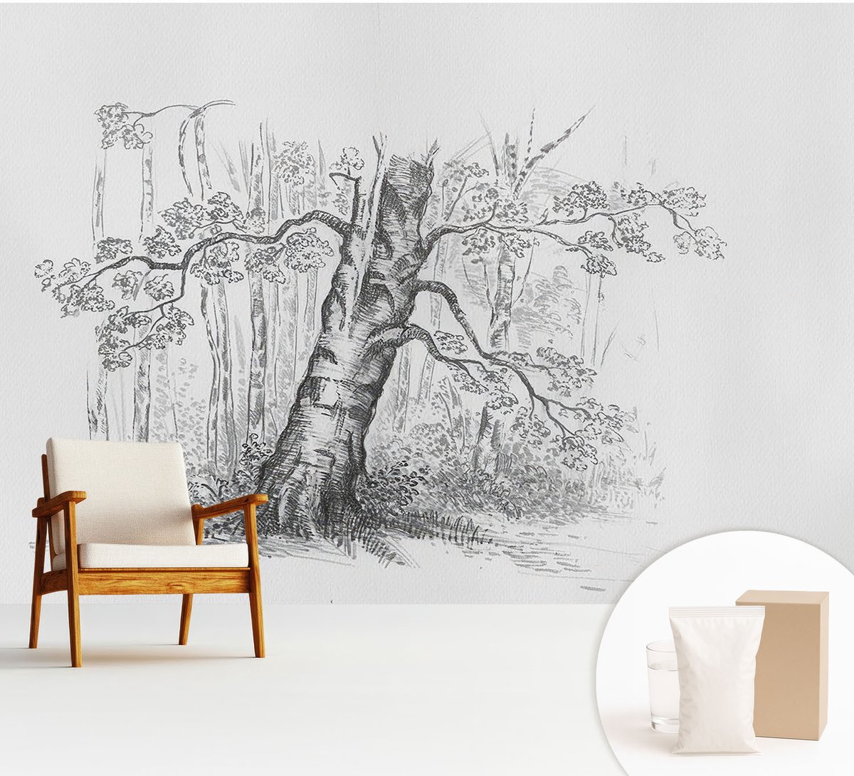 Wallfluent Fotobehang - Zwart-Wit Vliesbehang - 312x219 cm - Bosboom Fotobehang Vlies - Woonkamer behang Bloemen En Planten - Muurschildering - Woonkamer behang