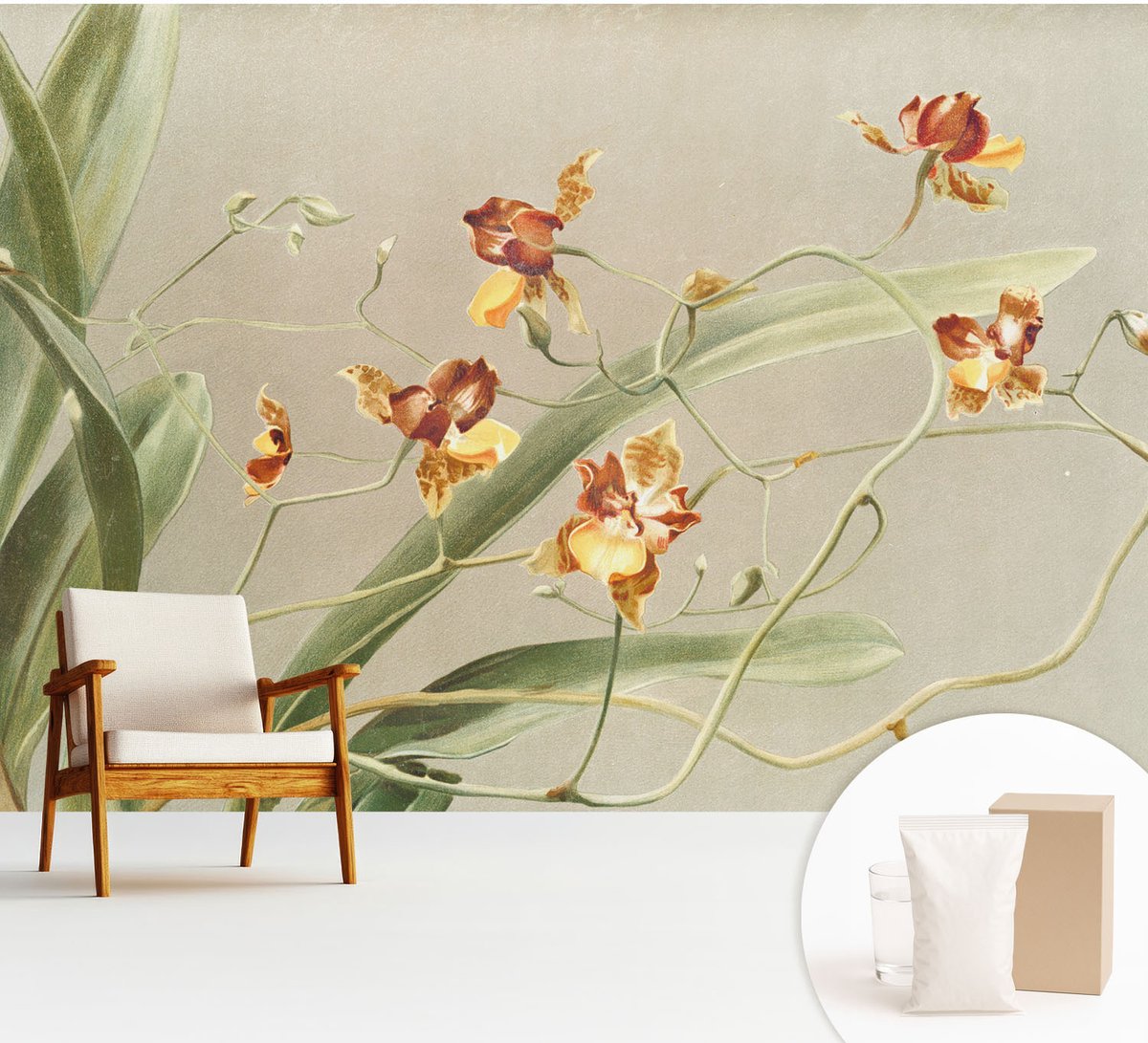 Wallfluent Fotobehang - Grijs Vliesbehang - 312x219 cm - Klassieke Orchideeën Fotobehang Vlies - Woonkamer behang Bloemen En Planten - Muurschildering - Hal behang