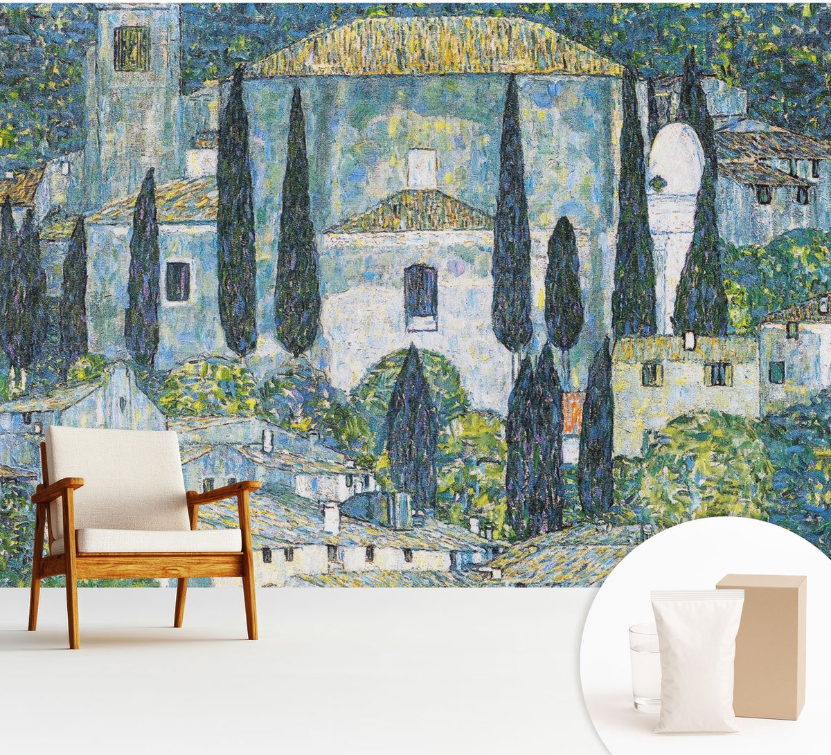Wallfluent Fotobehang - Blauw Vliesbehang - 312x219 cm - Cypress Huizen Fotobehang Vlies - Hal behang Landschappen - Muurschildering - Woonkamer behang