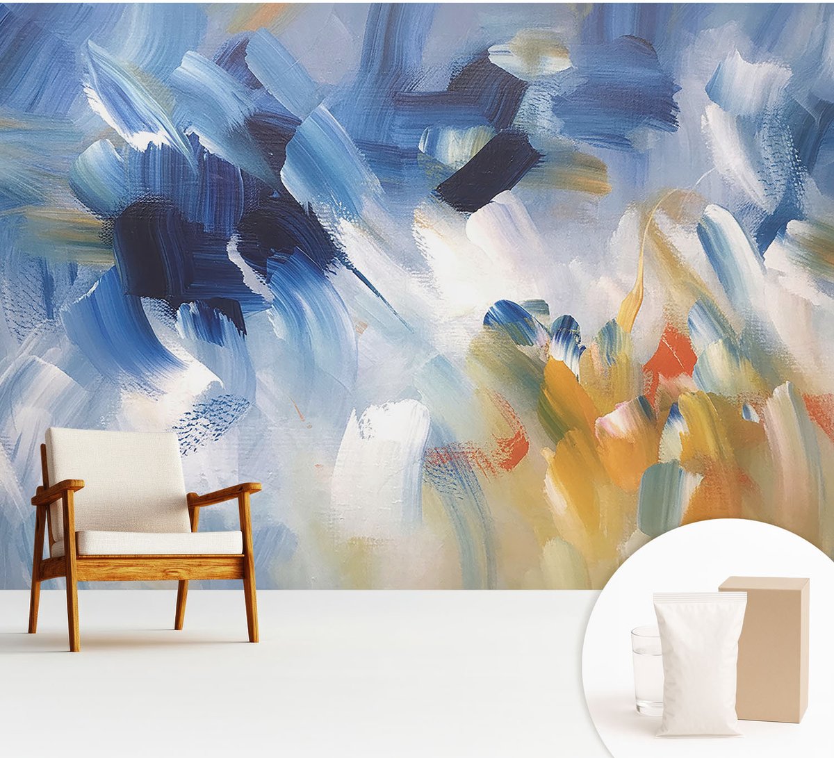 Wallfluent Fotobehang - Blauw Vliesbehang - 312x219 cm - Kleurrijke Penseelstreken Muurschildering - Slaapkamer behang Abstractie - Fotobehang Vlies - Gang behang