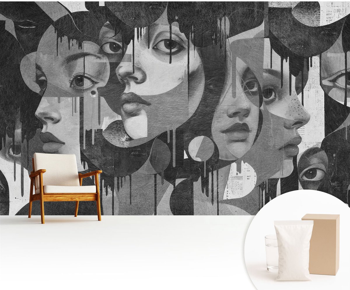 Wallfluent Fotobehang - Zwart-Wit Vliesbehang - 416x254 cm - Vrouwengezichten Muurschildering - Slaapkamer behang Deel - Fotobehang Vlies - Slaapkamer behang