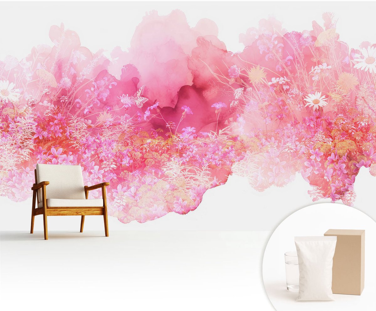 Wallfluent Fotobehang - Roze Vliesbehang - 416x254 cm - Bloemenpatroon Fotobehang Vlies - Woonkamer behang Bloemen En Planten - Muurschildering - Hal behang