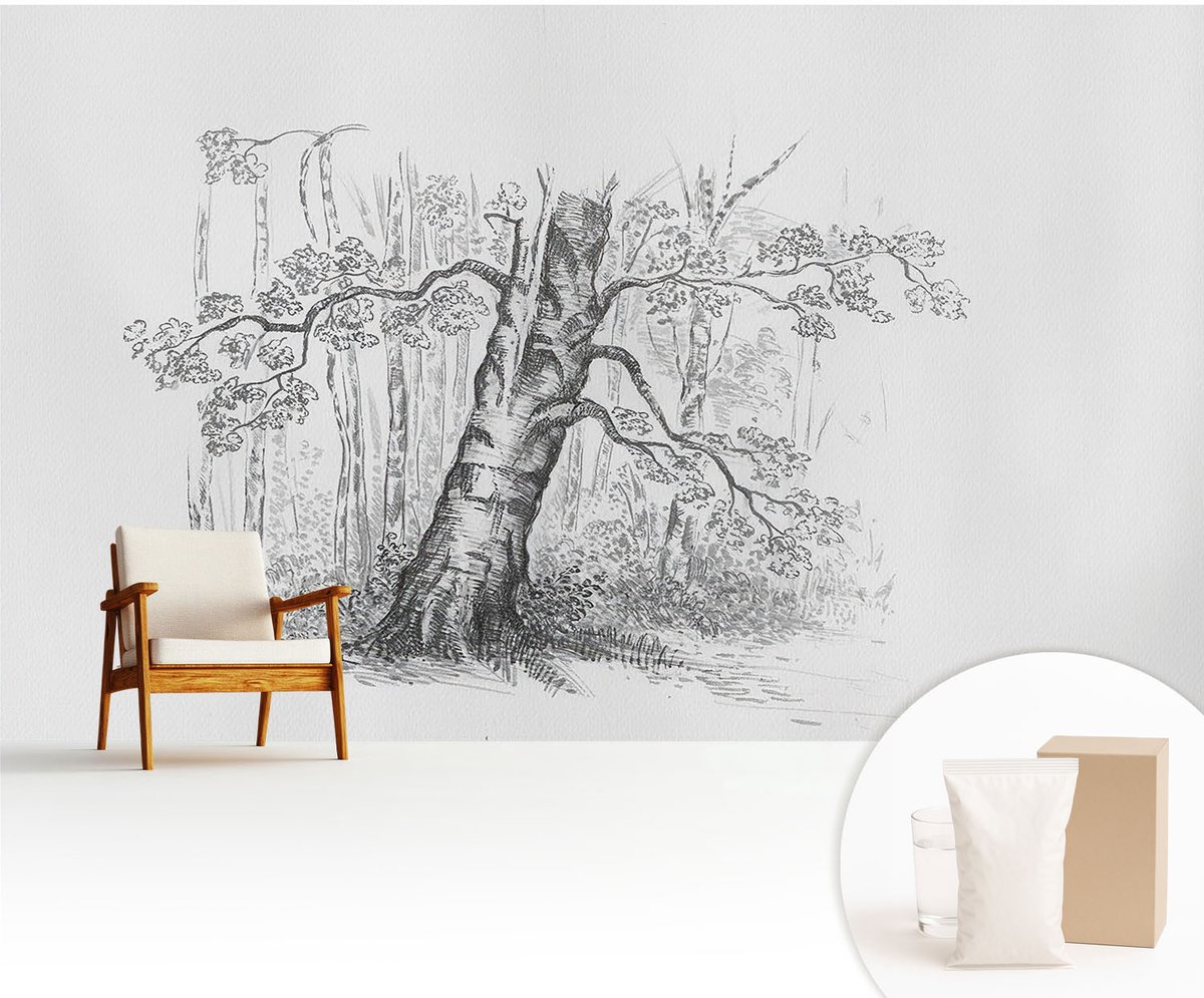 Wallfluent Fotobehang - Zwart-Wit Vliesbehang - 416x254 cm - Bosboom Fotobehang Vlies - Hal behang Bloemen En Planten - Muurschildering - Woonkamer behang