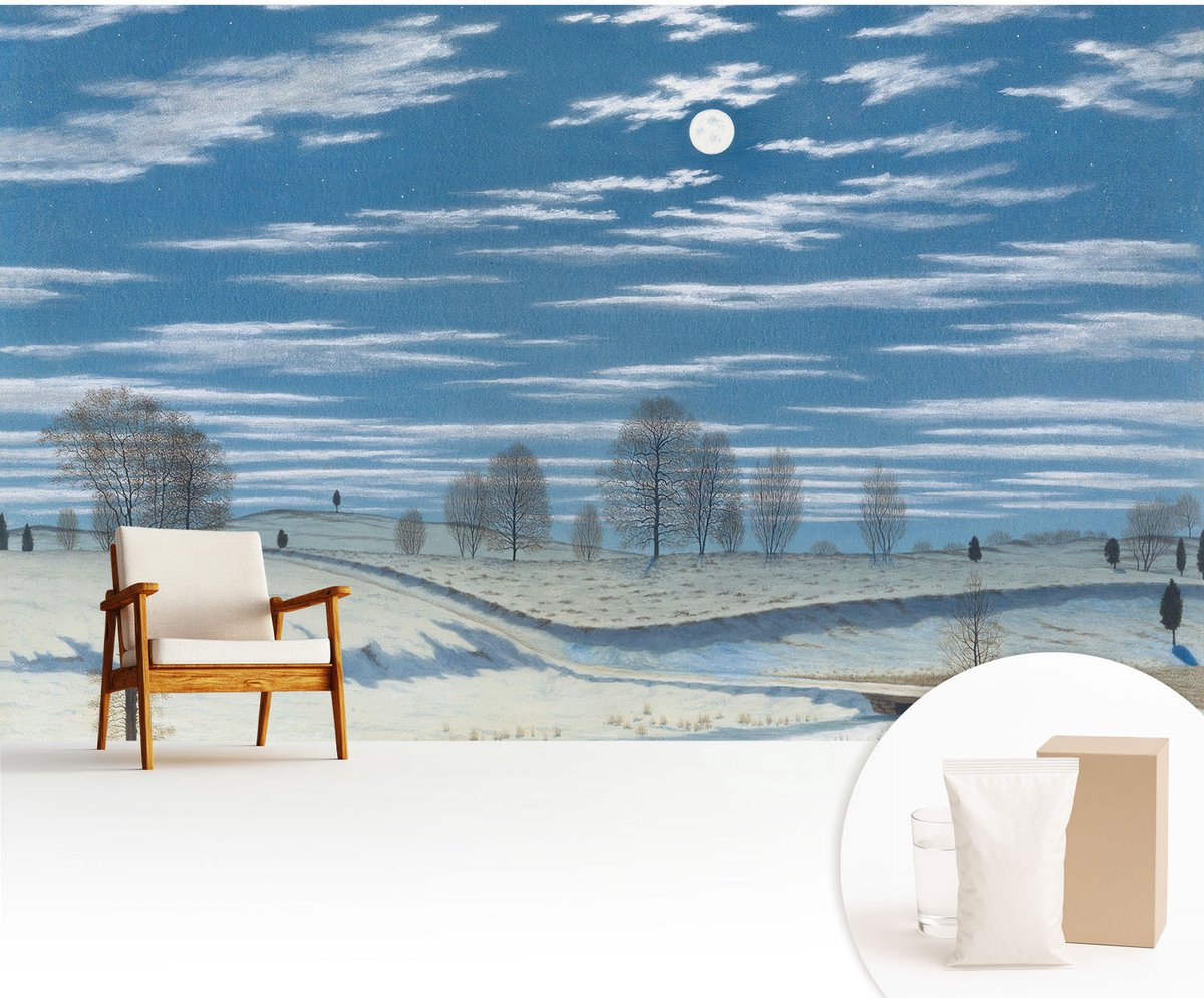 Wallfluent Fotobehang - Blauw Vliesbehang - 416x254 cm - Winterlandschap Fotobehang Vlies - Hal behang Landschappen - Muurschildering - Woonkamer behang