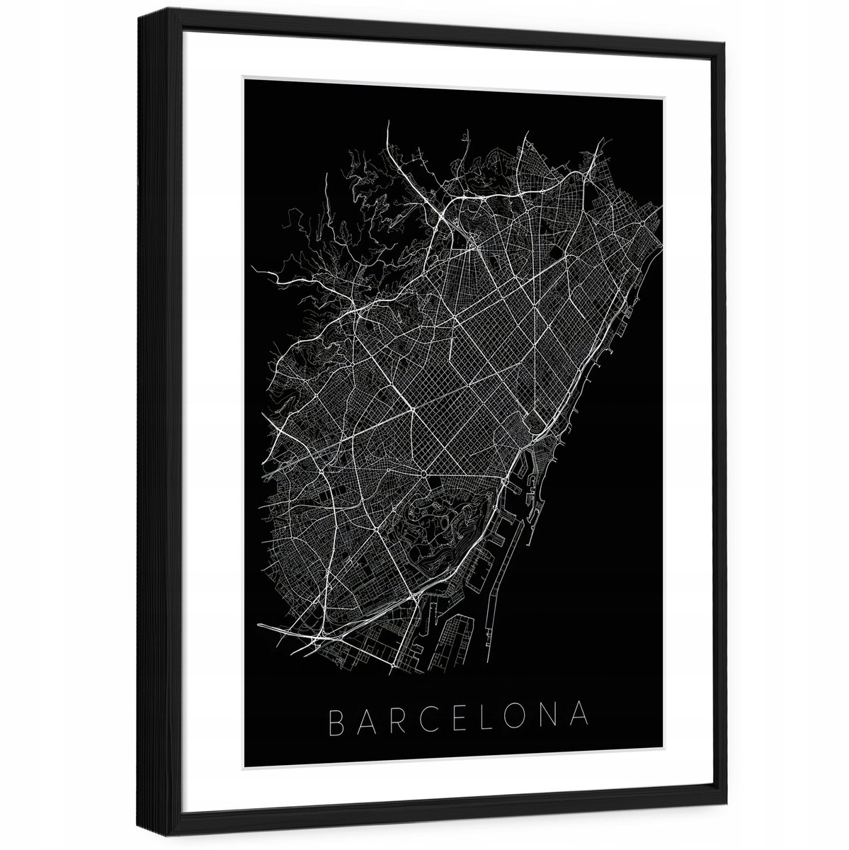 WALLARENA Schilderij met reliëf en passe-partout 100x70 cm - zwarte lijst - skyline van Barcelona - wanddecoratie voor woonkamer en slaapkamer