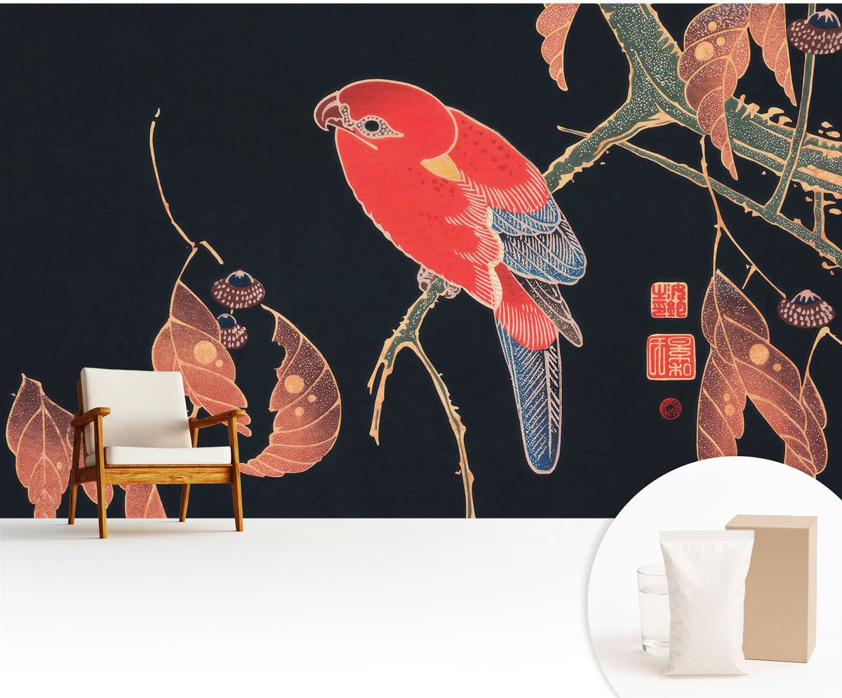 Wallfluent Fotobehang - Zwart Vliesbehang - 416x254 cm - Exotische Vogel Muurschildering - Slaapkamer behang Dieren - Fotobehang Vlies - Gang behang