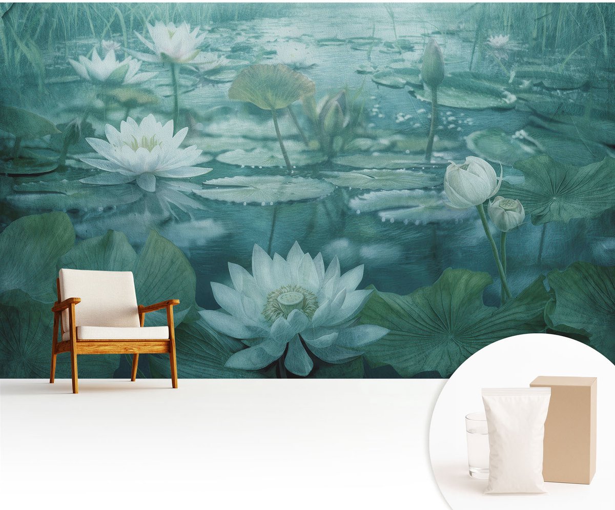 Wallfluent Fotobehang - Zwart-Wit Vliesbehang - 416x254 cm - Waterbloemen Fotobehang Vlies - Woonkamer behang Bloemen En Planten - Muurschildering - Woonkamer behang