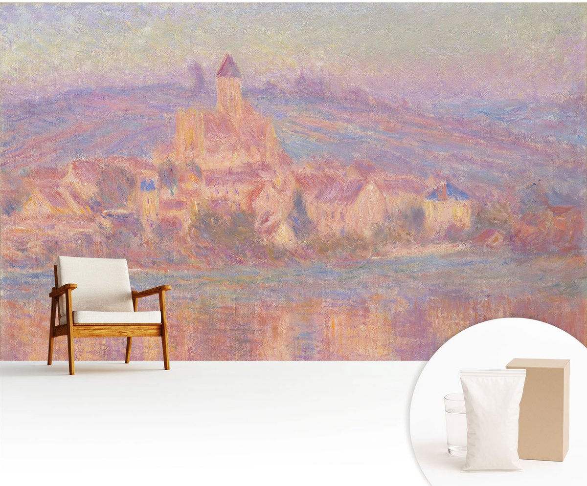 Wallfluent Fotobehang - Paars Vliesbehang - 416x254 cm - Een Charmant Stadje Muurschildering - Gang behang Landschappen - Fotobehang Vlies - Gang behang