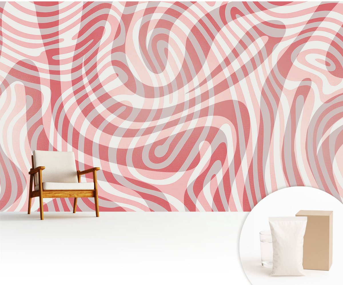 Wallfluent Fotobehang - Rood Vliesbehang - 416x254 cm - Golvende Lijnen Fotobehang Vlies - Woonkamer behang Abstractie - Muurschildering - Woonkamer behang