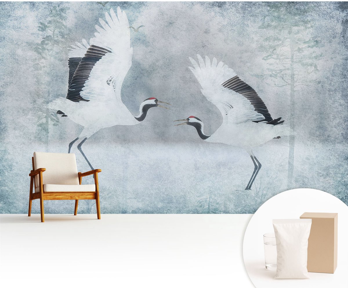 Wallfluent Fotobehang - Wit Vliesbehang - 416x254 cm - Harmonieuze Kraanvogels Fotobehang Vlies - Woonkamer behang Dieren - Muurschildering - Woonkamer behang