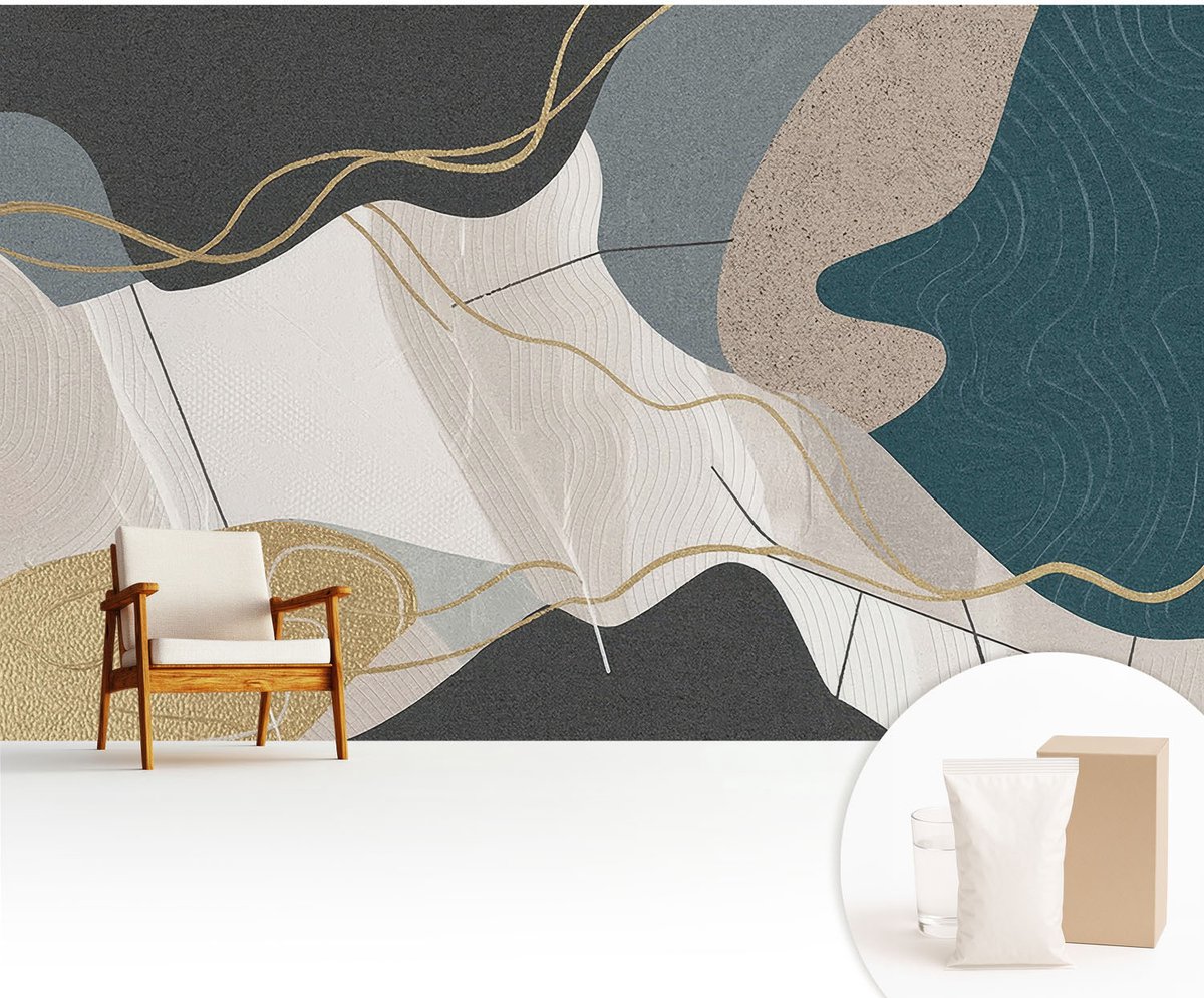 Wallfluent Fotobehang - Grijs Vliesbehang - 416x254 cm - Abstracte Vormen Muurschildering - Slaapkamer behang Abstractie - Fotobehang Vlies - Gang behang