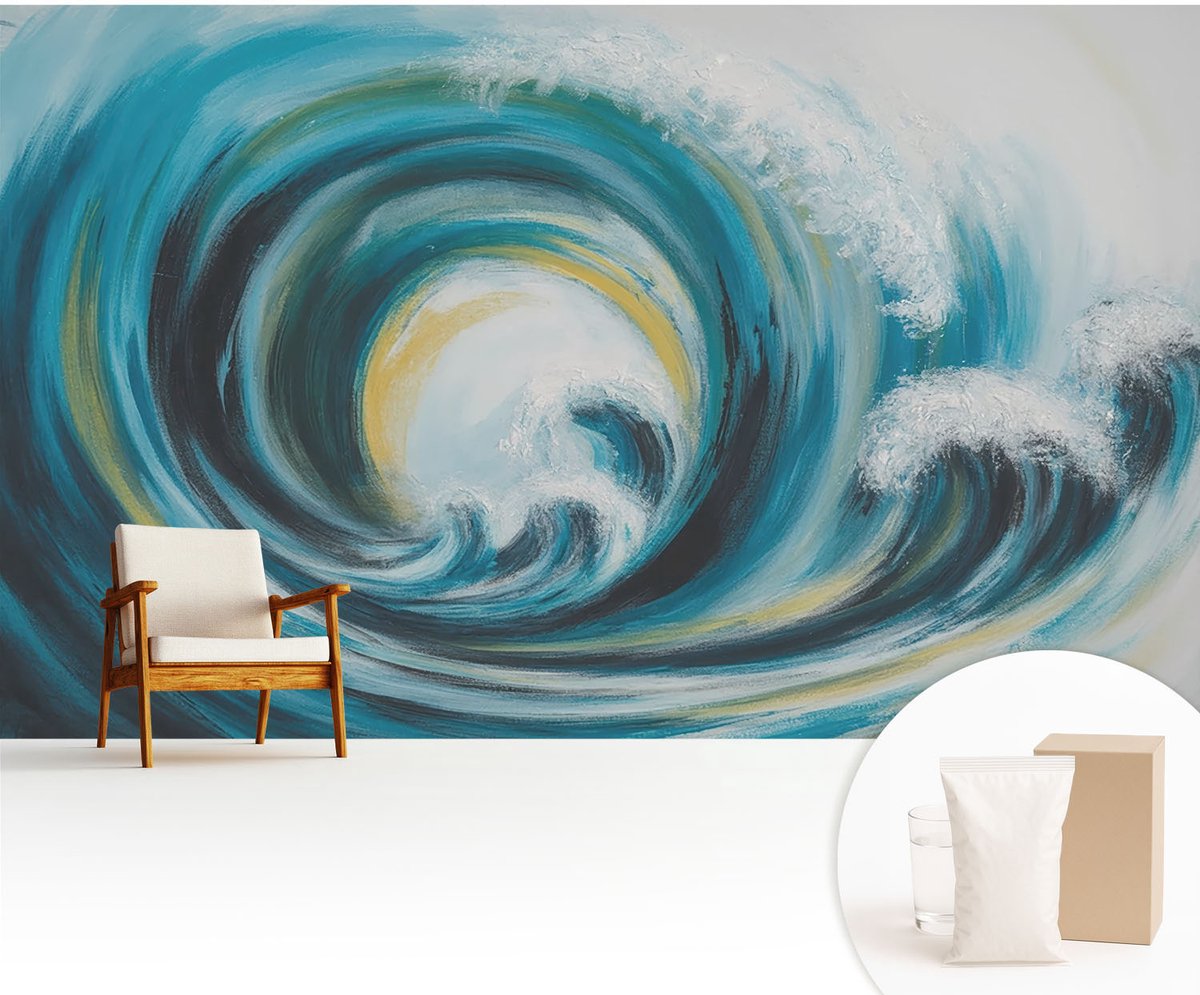 Wallfluent Fotobehang - Turkoois Vliesbehang - 416x254 cm - Zeegolf Fotobehang Vlies - Hal behang Deel - Muurschildering - Hal behang