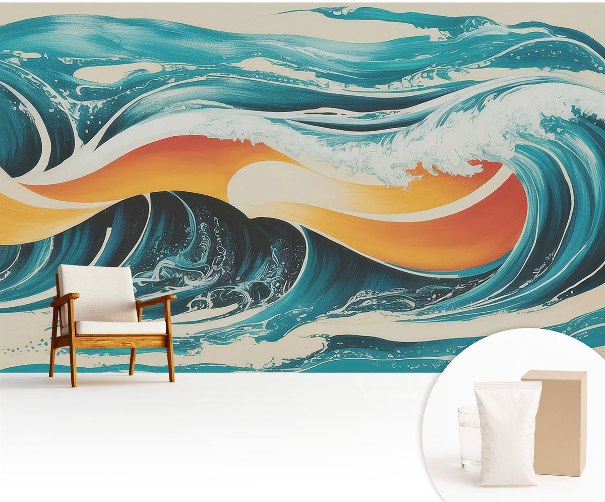 Wallfluent Fotobehang - Turkoois Vliesbehang - 416x254 cm - Abstracte Golven Muurschildering - Slaapkamer behang Deel - Fotobehang Vlies - Slaapkamer behang