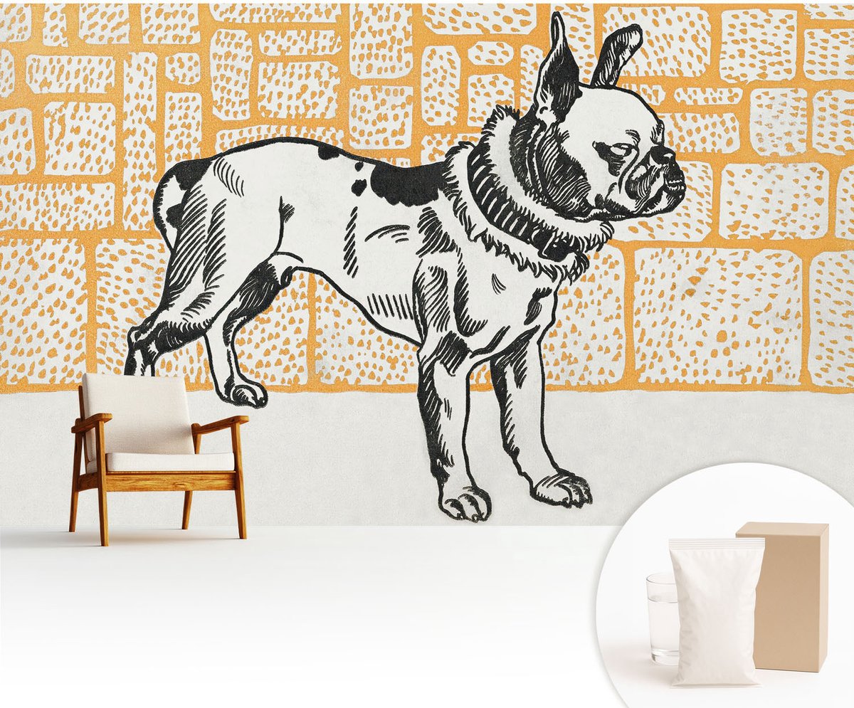 Wallfluent Fotobehang - Wit Vliesbehang - 416x254 cm - Retro Hond Muurschildering - Gang behang Dieren - Fotobehang Vlies - Slaapkamer behang