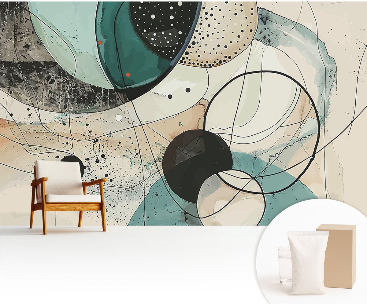 Wallfluent Fotobehang - Grijs Vliesbehang - 416x254 cm - Kleurrijke Cirkels Muurschildering - Slaapkamer behang Abstractie - Fotobehang Vlies - Gang behang