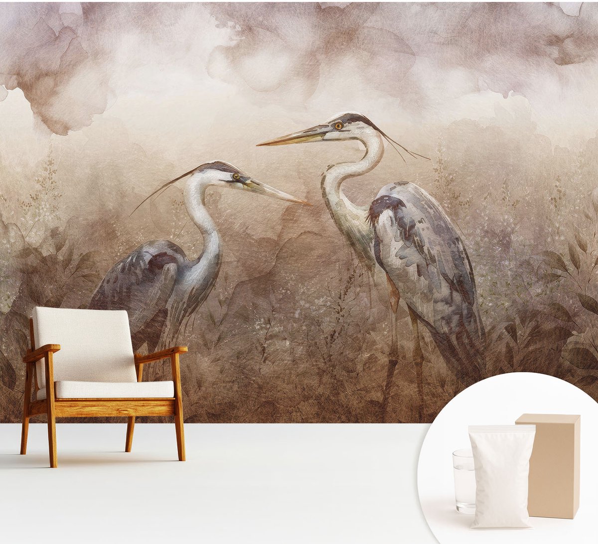 Wallfluent Fotobehang - Bruin Vliesbehang - 312x219 cm - Elegante Vogels Muurschildering - Slaapkamer behang Dieren - Fotobehang Vlies - Gang behang