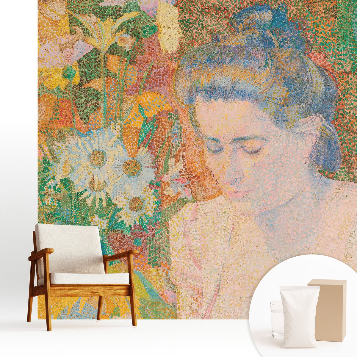 Wallfluent Fotobehang - Geel Vliesbehang - 250x250 cm - Bloemenportret Muurschildering - Slaapkamer behang Mensen - Fotobehang Vlies - Slaapkamer behang