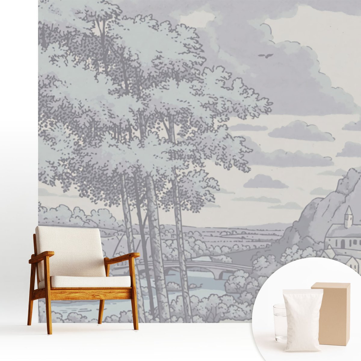 Wallfluent Fotobehang - Grijs Vliesbehang - 250x250 cm - Sprookjesachtig Landschap Muurschildering - Gang behang Landschappen - Fotobehang Vlies - Slaapkamer behang