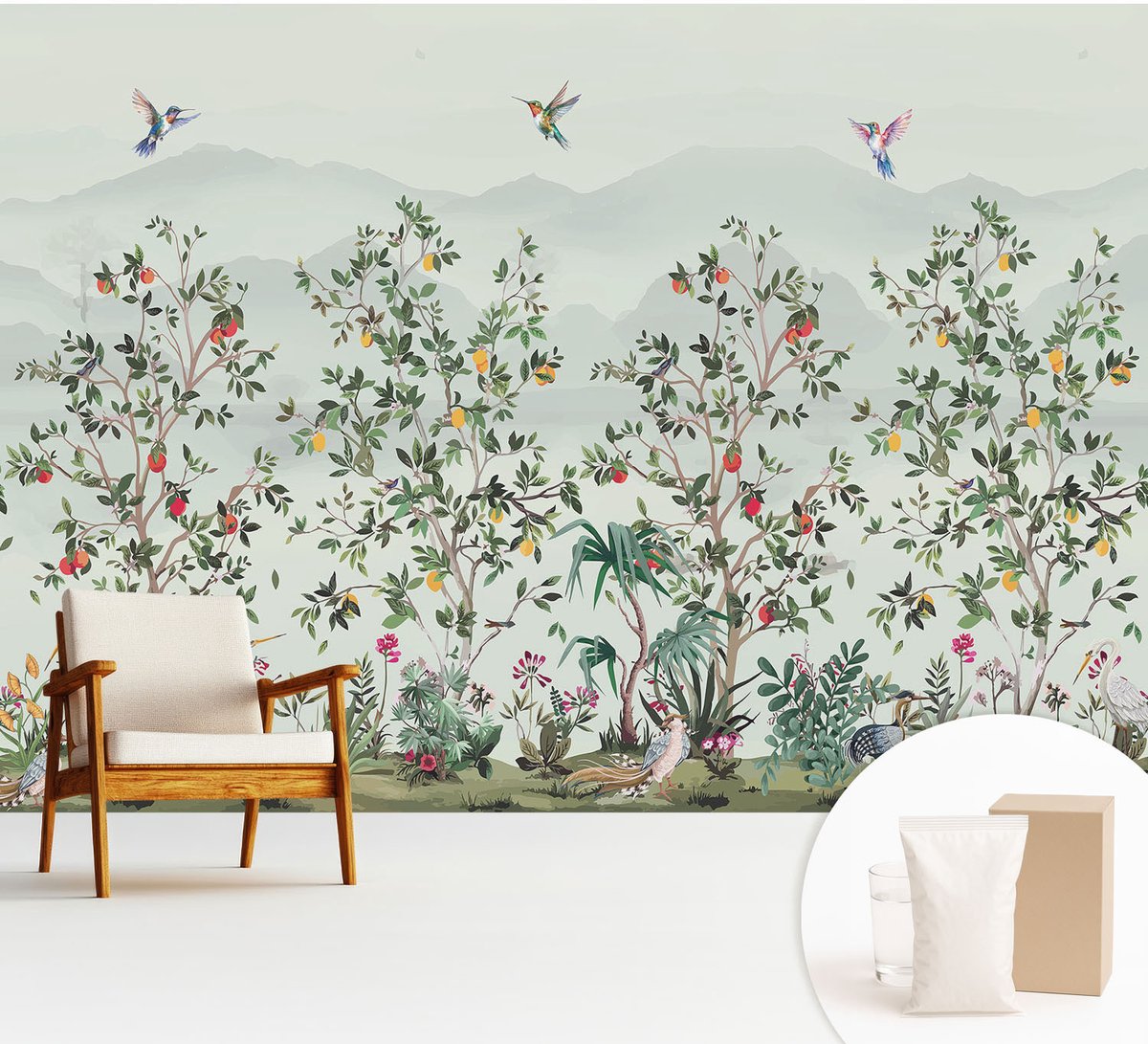 Wallfluent Fotobehang - Grijs Vliesbehang - 312x219 cm - Exotische Bomen Muurschildering - Gang behang Bloemen En Planten - Fotobehang Vlies - Slaapkamer behang