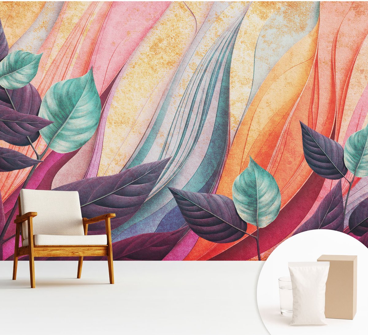 Wallfluent Fotobehang - Paars Vliesbehang - 312x219 cm - Abstracte Bladeren Fotobehang Vlies - Hal behang Bloemen En Planten - Muurschildering - Woonkamer behang