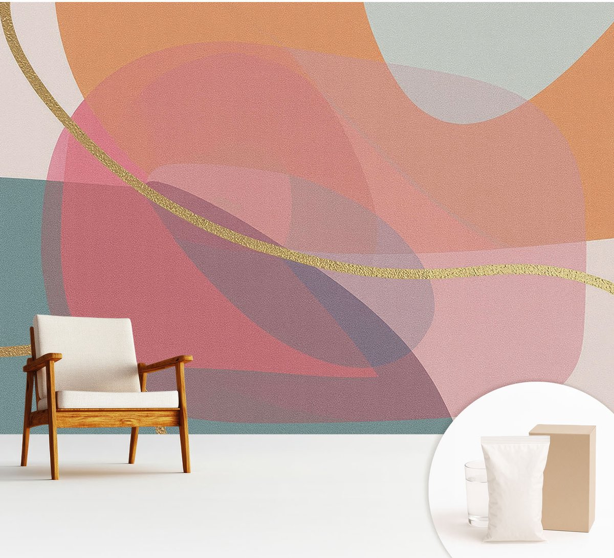 Wallfluent Fotobehang - Oranje Vliesbehang - 312x219 cm - Kleurrijke Vormen Muurschildering - Gang behang Abstractie - Fotobehang Vlies - Slaapkamer behang