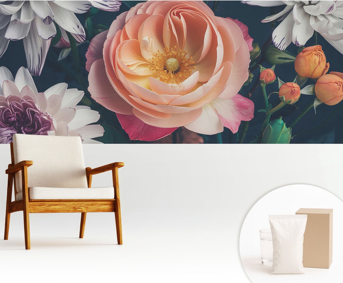 Wallfluent Fotobehang - Roze Vliesbehang - 250x104 cm - Bloemenharmonie Fotobehang Vlies - Woonkamer behang Bloemen En Planten - Muurschildering - Woonkamer behang