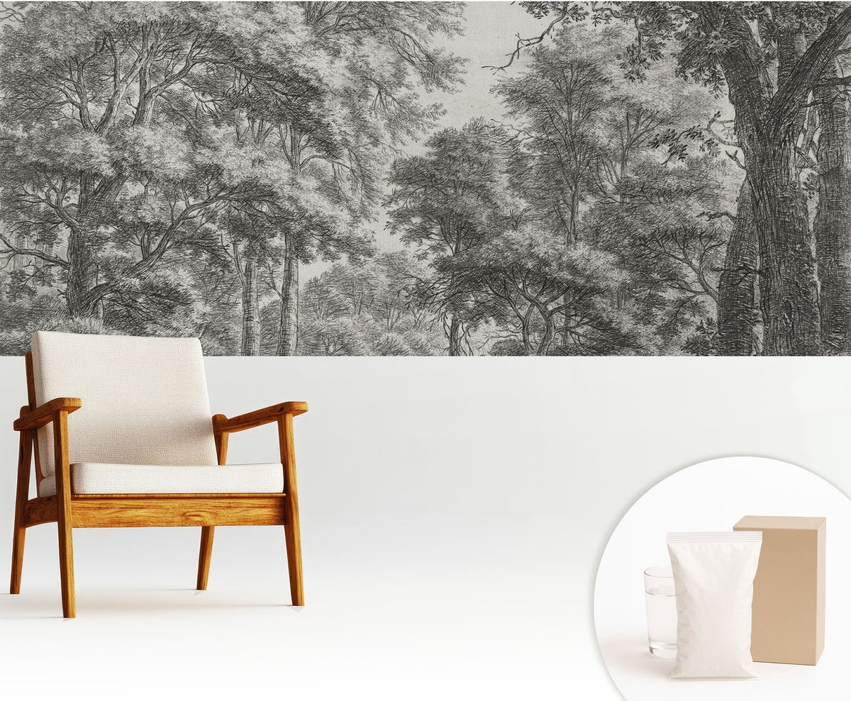 Wallfluent Fotobehang - Zwart-Wit Vliesbehang - 250x104 cm - Boslandschap Fotobehang Vlies - Hal behang Landschappen - Muurschildering - Hal behang