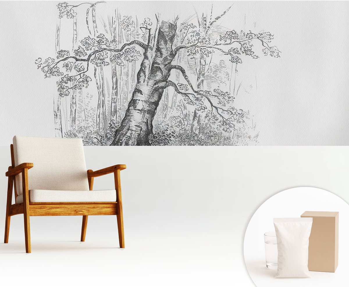 Wallfluent Fotobehang - Zwart-Wit Vliesbehang - 250x104 cm - Bosboom Fotobehang Vlies - Hal behang Bloemen En Planten - Muurschildering - Woonkamer behang