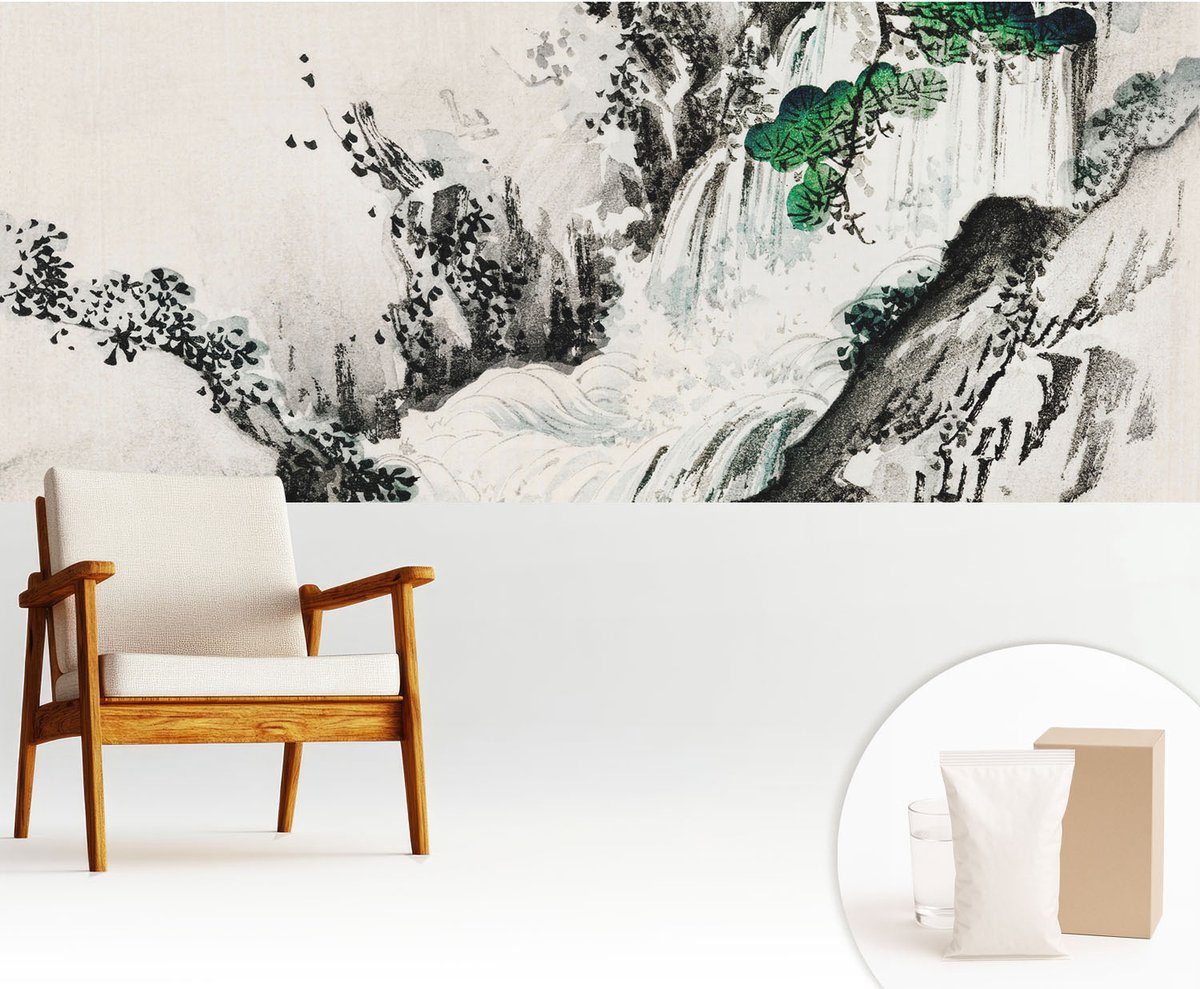 Wallfluent Fotobehang - Zwart-Wit Vliesbehang - 250x104 cm - Natuurlijke Waterval Fotobehang Vlies - Woonkamer behang Landschappen - Muurschildering - Woonkamer behang