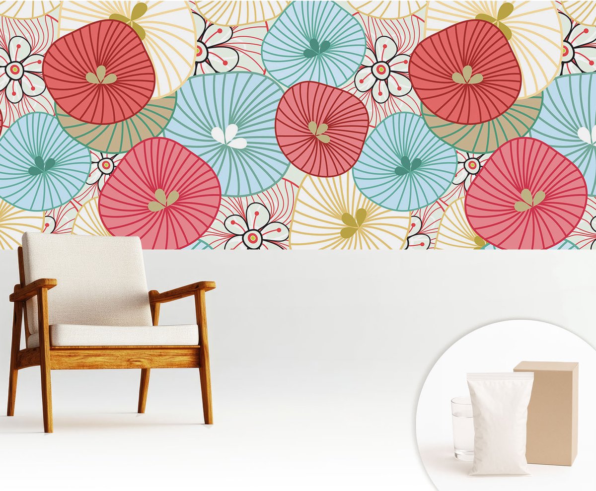 Wallfluent Fotobehang - Rood Vliesbehang - 250x104 cm - Bloemenpatroon Muurschildering - Slaapkamer behang Achtergronden En Patronen - Fotobehang Vlies - Slaapkamer behang