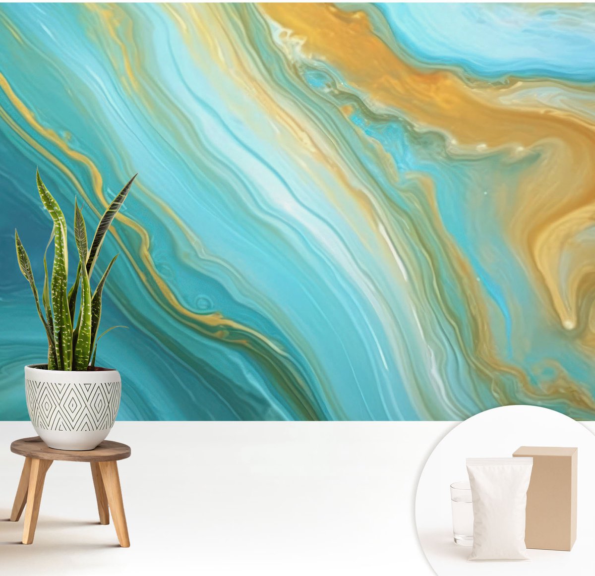 Wallfluent Fotobehang - Blauw Vliesbehang - 208x146 cm - Abstracte Golven Fotobehang Vlies - Hal behang Abstractie - Muurschildering - Woonkamer behang